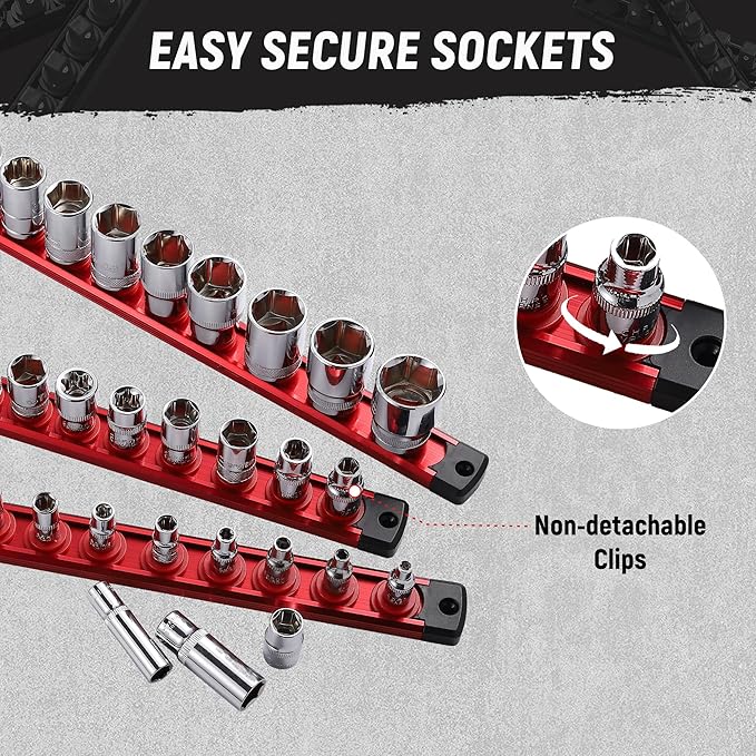 ALOANES Magnetic Socket Organizer, 1/4-Inch Drive Aluminum Socket Holder Socket Tray, Heavy Duty Socket Rail Organizer for Tool Box Drawer, 360°Swivel Clips Socket Rack 1/4-Inch x 14 Clips (Red)