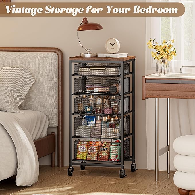 Rolling Cart with Drawers, 5-Drawer Storage Cart on Wheels with Vintage Wooden - Image 3