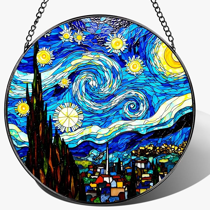 8'' Van Gogh Starry Night Sun Catcher Ornament, Stained Glass Window Hanging by Unknown