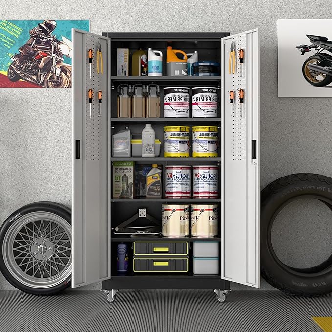 Aobabo Upgrade 71H''*34''W*18''D Metal Garage Storage Cabinet with Wheels and Pegboards, 5 Adjustable Shelves Steel Storage Cabinets for Home,Warehouse,Garage,Assembly Required,Black and Sliver