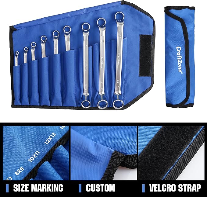 Ratchet Wrenches Set 9 PC Metric 6-24mm Ratcheting Wrench Set Double Offset Box End Spanner CR-V Steel with Rolling Pouch