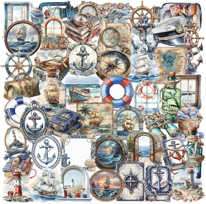 50 PCS Retro Sailing Stickers for Scrapbooking Journaling Junk Journal by Unknown