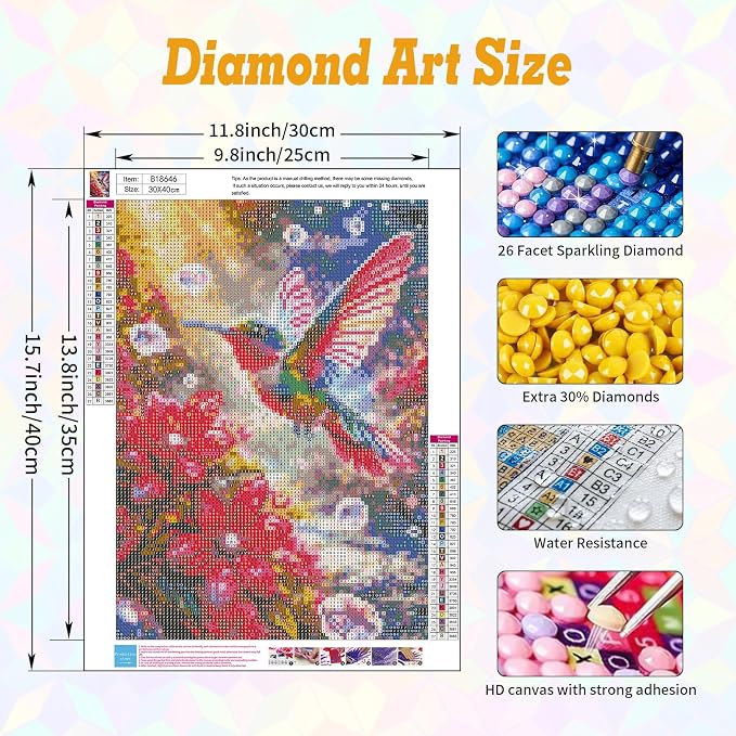 Hummingbird Diamond Art Kits for Adults Beginners 12x16 in, DIY Craft Gift | - Image 3