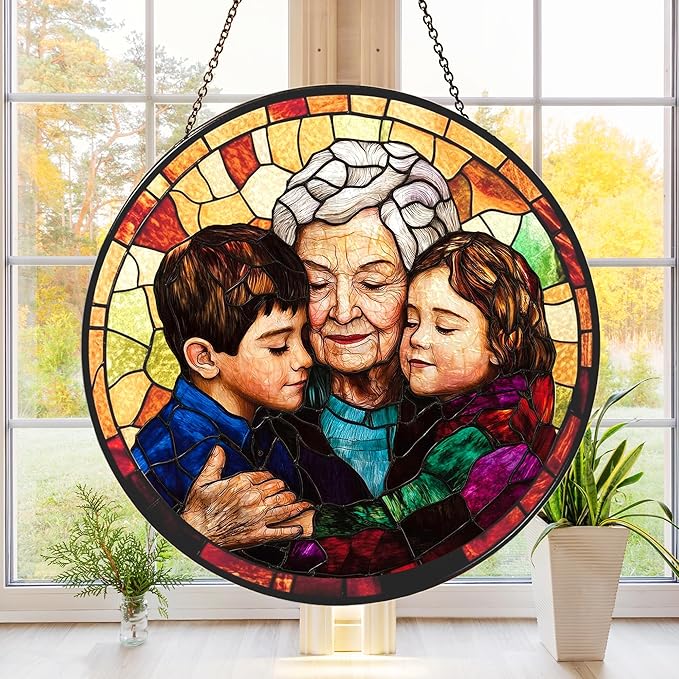 Personalized Grandma Stained Glass Sun Catcher, Custom Photo Family Portrait by Noni