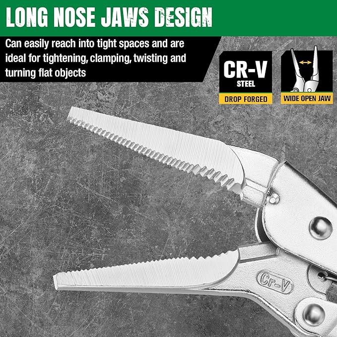 SK 9.5" Long Nose Locking Pliers, Premium CR-V Construction, Ergonomic Anti-slip Handle, Ideal for Welding or Assembly