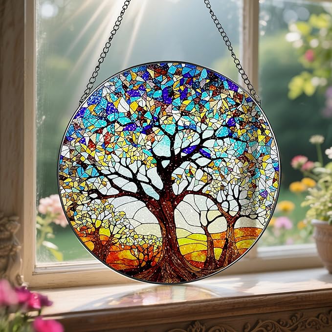 Stained Glass Window Hanging, LAOWEIKI 8'' Tree of Life Suncatcher, Stained - Image 5