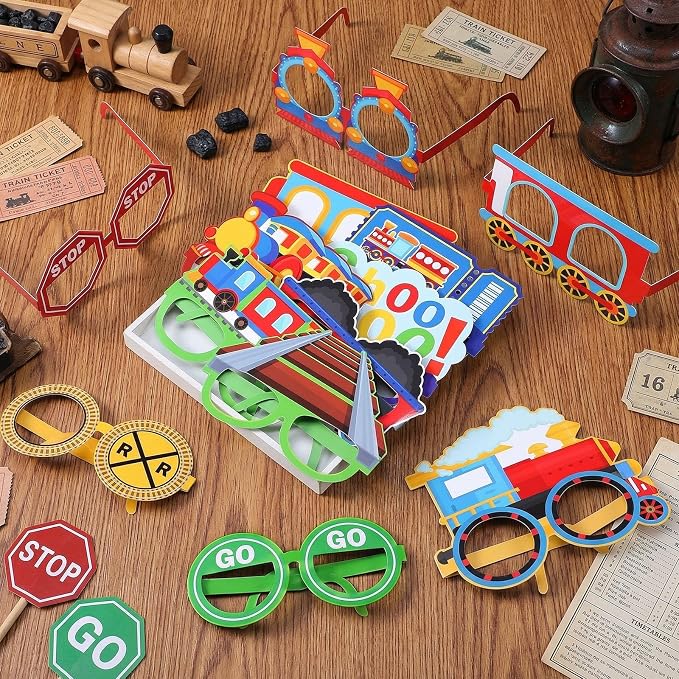 Pajean 32 Pcs Train Party Decoration Train Themed Paper Eyeglasses Photo Booth - Image 4