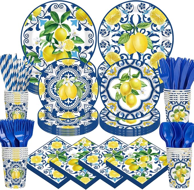 450 Pcs Capri Lemon Party Tableware Set Decorations Mediterranean Blue and by Unknown