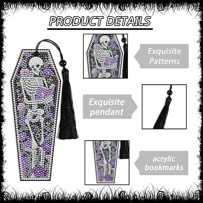 8 Pcs Gothic Skeleton Diamond Art Bookmarks Kit, Skull Halloween Diamond - Image 4