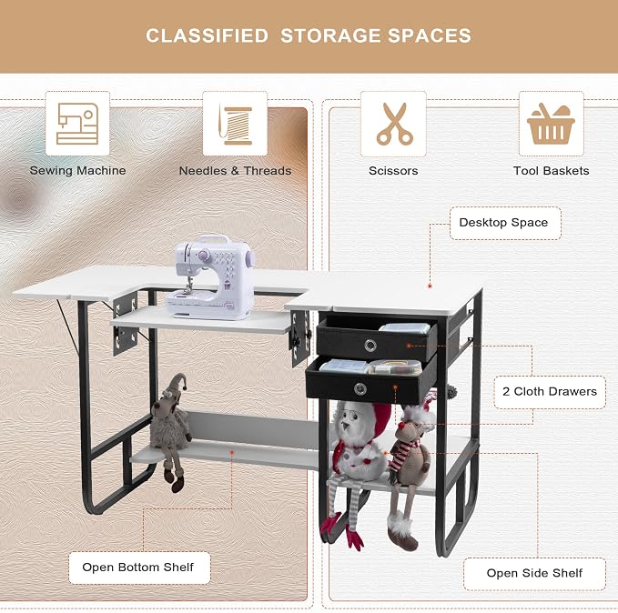 Vividwood Foldable Sewing Machine Table, Storage Shelf and 2 Cloth Drawers - Image 6