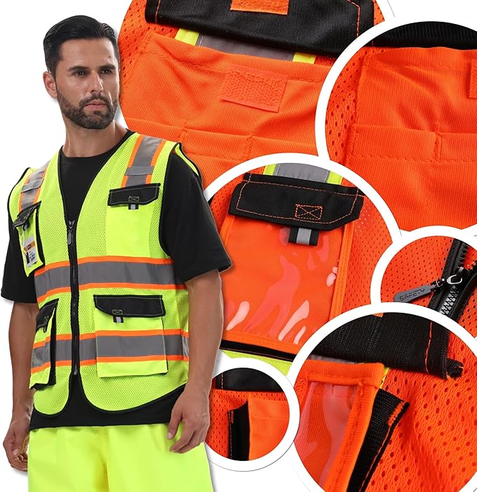 JKSafety Hi Vis Reflective Safety Vests for Men Women High Visibility Vest with Pockets Mesh Fabric Construction Safety Apparel Neon Vest for Work (220-Orange L)