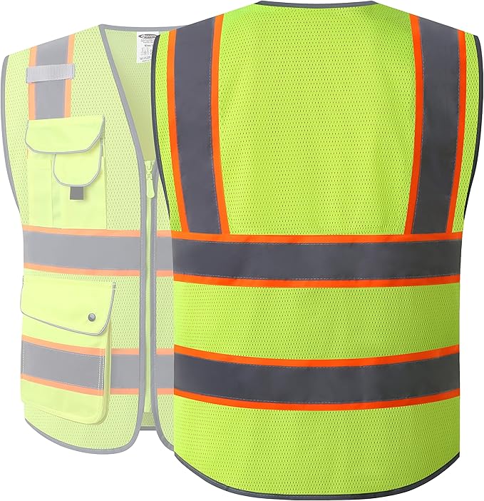 JKSafety 9 Pockets Hi-Vis Neon Yellow Zipper Front MESH Safety Vest with Fluorescent Orange Extend Edge outlining the Reflective Tapes Meet ANSI/ISEA Class 2 Standard (100-Yellow, XXL)