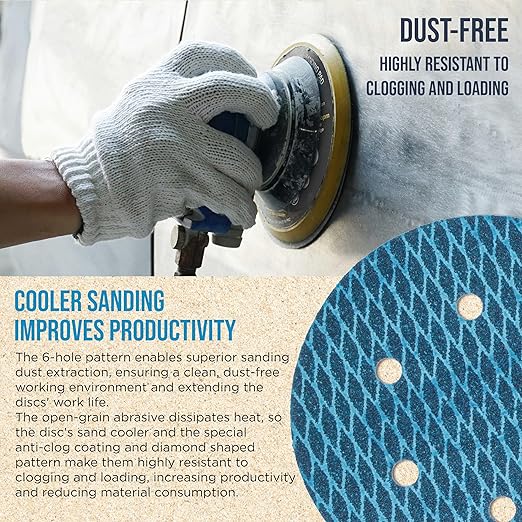 Premium 400 Grit 6" Rhombus Diamond Shape Blue Sanding Discs, 6-Hole, Box of 50 - Hook & Loop Anti-Clogging J-Cloth Dustless Sandpaper for Random Orbital Sanders, Sand Auto Paint, Wood