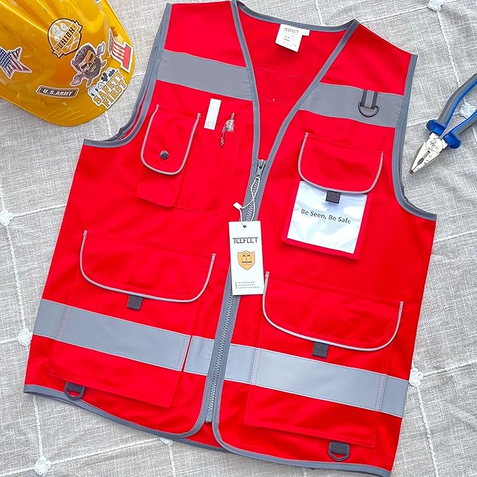 TCCFCCT Hi Vis Vest 9 Pockets High Visibility Reflective Safety Vest for Men Women, Safety Construction Vest with Reflective Strips, Meets ANSI/ISEA Standards, (Red, Medium)