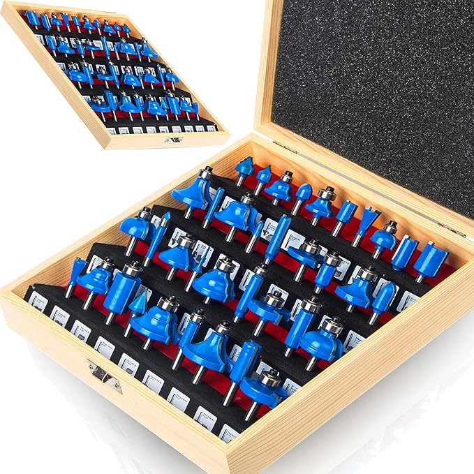 LEATBUY Router Bit Set 1/4 inch -37 PCS Tongue Groove Wood Milling Cutter Drilling Carbide Router Bits Tool for Door Table Cabinet Shelve Wall DIY Woodwork(1/4-angle)