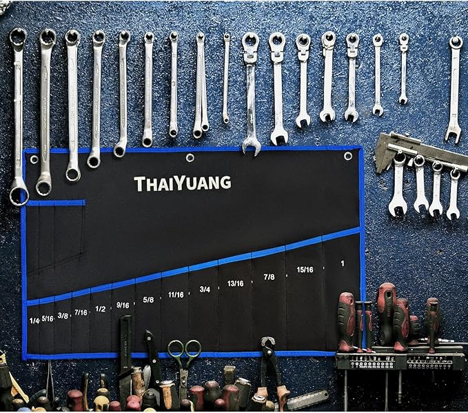 2-Pieces Wrench Roll Up Pouch, Heavy Duty Canvas Tool Wrench Organizer Bag 14pockets Metric+ 13pockets SAE (Only Pouch)