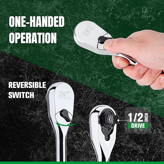 SK 1/2" Drive Ratchet Handle, Pear Head, 90-Tooth Ratchet, Alloy Steel, with Contoured Handle