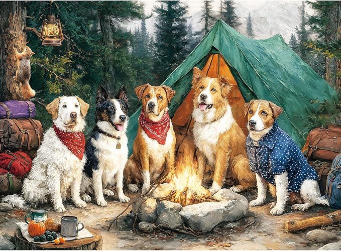 300 Piece Puzzles for Adults Large Piece, Dogs Forest Campfire Camping Jigsaw by Unknown