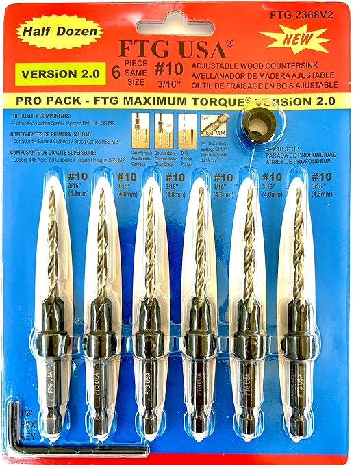 FTG USA Countersink Drill Bit Set for Wood with Tapered Drill Bit 6 Pc #10 (3/16")