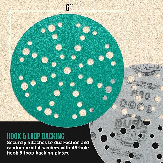 Dura-Gold Premium 6" Green Film Sanding Discs, 49-Hole Pattern, 50 Disc Variety Pack, Grits 60, 80, 120, 180, 220, 320, 400, 600, 800, 1000 - Heavy-Duty Hook & Loop Sandpaper, DA Random Orbital Sander