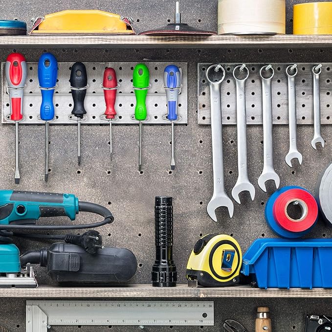 Hotop 2 Pieces Pegboard Screwdriver Holder Peg Board Tool Utility Hooks Pegboard Accessories Six-Tool Organizer Racks Accessory Multi-Ring Holder for Pliers(Silver)