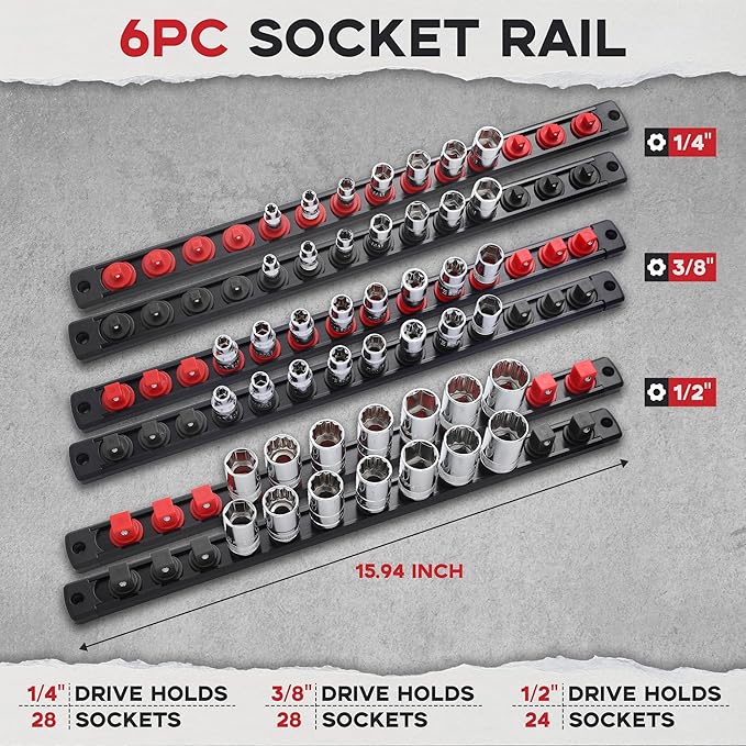 6-Piece Magnetic Socket Organizer, Heavy Duty Aluminum Socket Rails Organizer, 360° Swivel Clips Socket Holder Kit for Tool Box, 1/2, 3/8, 1/4-Inch Socket Holder x 80 Clips (Red&Black)