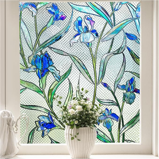 3D Stained Glass Window Privacy Film, Floral UV Block Cling by Coavas