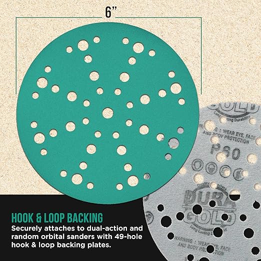 Dura-Gold Premium 100 Grit 6" Green Film Sanding Discs, 49-Hole Pattern, Box of 50 - Heavy-Duty Dustless Hook & Loop Backing Sandpaper for DA & Random Orbital Sanders, Sand Auto Paint, Wood Furniture