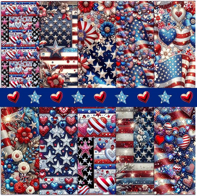 HunnmingRe 20 Pcs 10x10'' Patriotic Quilting Fabric Square 4th of July Precut by HunnmingRe