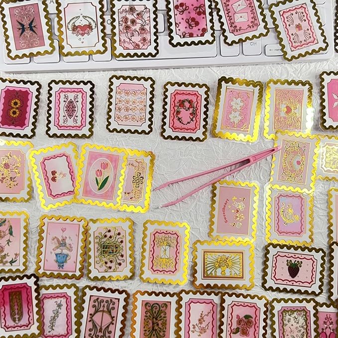 50 PCS Cartoon love stamps Stickers Aesthetic PET Stickers Gold Stamp Decal - Image 7
