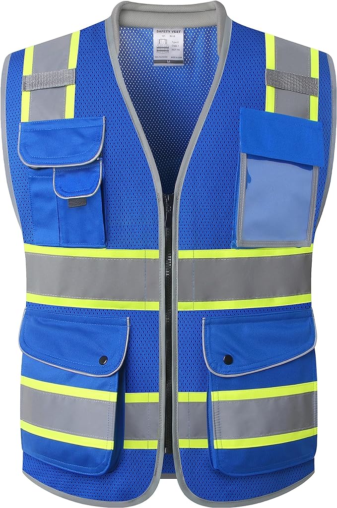 JKSafety 9 Pockets Hi-Vis Safety Vest Breathable Mesh Fabric Cushioned Collar Work Utility PPE Lightweight Industrial Work Gear ANSI/ISEA compliant (101-Blue L)