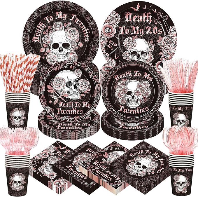 450 Pcs Death to My 20s Tableware Set Rose Gold Black 30th Birthday Party by Unknown