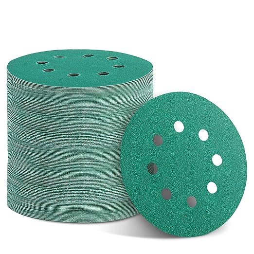100PCS 60 Grit Premium Green Sanding Discs, 5-Inch 8-Hole Sandpaper for Random Orbital Sander