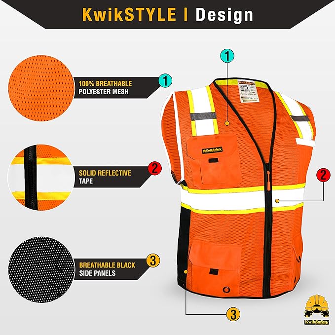 KwikSafety - Charlotte, NC - BIG KAHUNA Safety Vest [11 Pockets] Class 2 ANSI OSHA Reflective Vest Durable High Visibility Vest Construction Safety Vest for Men Industrial Work Gear/Orange 3XL