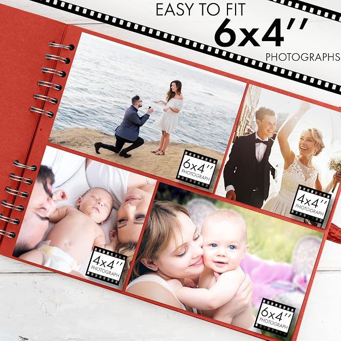 Bstorify Square Scrapbook Photo Albums 50 Pages Red Thick Paper, Ribbon Closure - Image 4