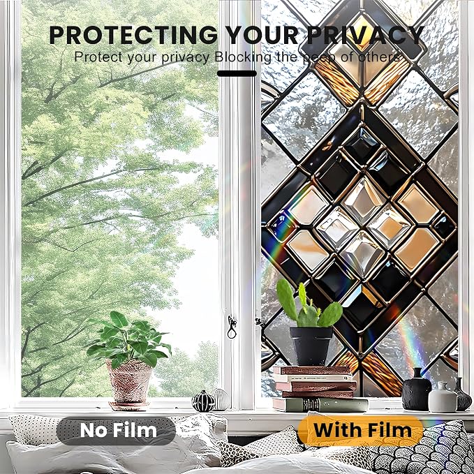 Stained Glass Window Privacy Film: Non-Adhesive Sun and Landscape Mosaic Design - Image 5