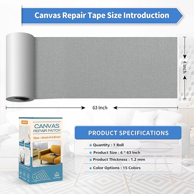 KING MOUNTAIN Canvas Repair Tape,Outdoor Gear Patch, 4×63 Inches,Waterproof,Self-Adhesive for Repairing Boat Covers,Sun Shades,Sofas,Tents,Lounge Chairs,Awnings (Grey2.0)