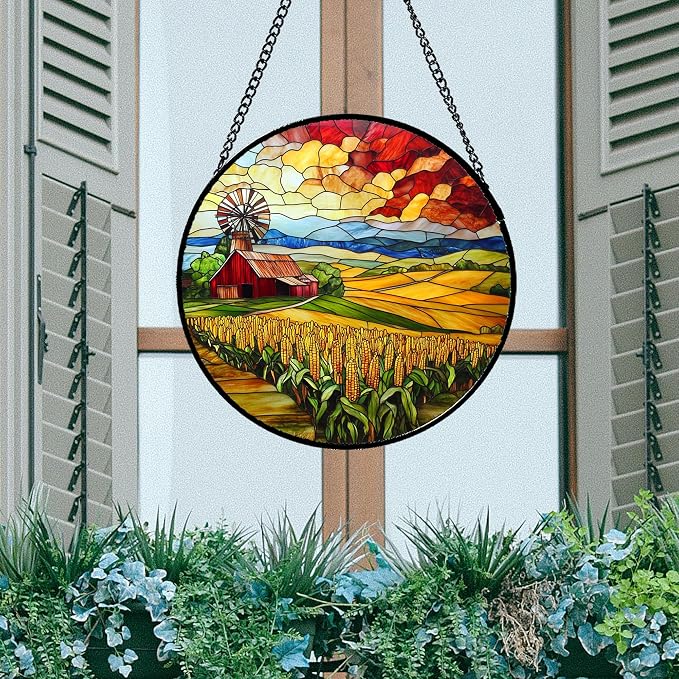 Stained Glass Window Hanging Autumn Farm Corn Harvest Landscape Large 11.8" - Image 5
