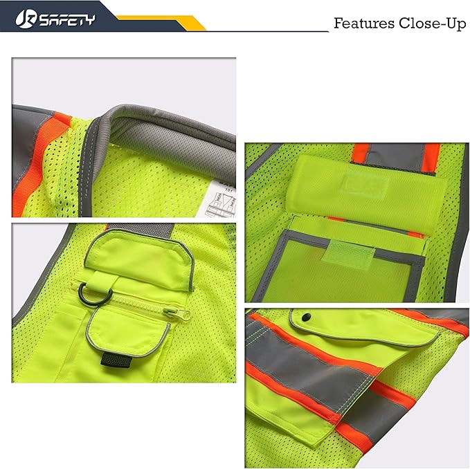 JKSafety 9 Pockets Hi-Vis Safety Vest Breathable Mesh Fabric Cushioned Collar Work Utility PPE Lightweight Industrial Work Gear ANSI/ISEA compliant (101-Yellow L)