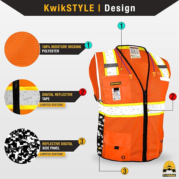 KwikSafety - BIG KAHUNA DIGITAL Safety Vest [LIMITED EDITION] Class 2 ANSI OSHA Reflective Vest Durable High Visibility Vest Construction Safety Vest for Men Industrial Work Gear/Orange 3XL