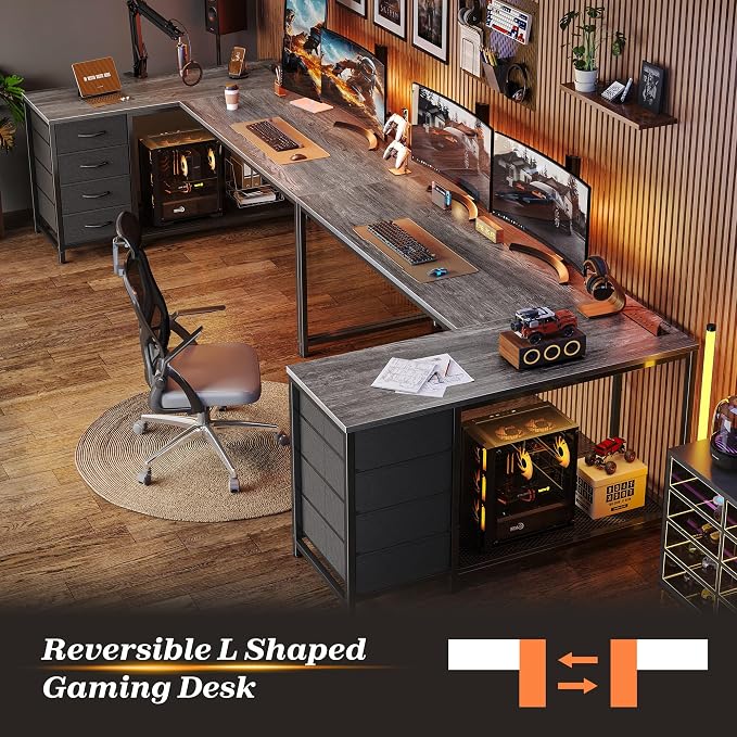 PRAISUN 61" L Shaped Desk with Power Outlets & USB-C Port, Reversible Computer - Image 9
