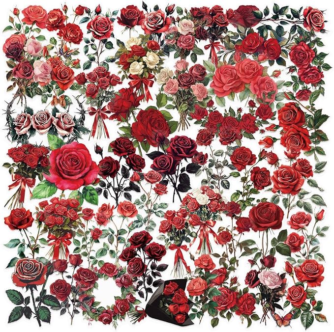 50 Pcs Vintage Red Rose Stickers by YOKSAS
