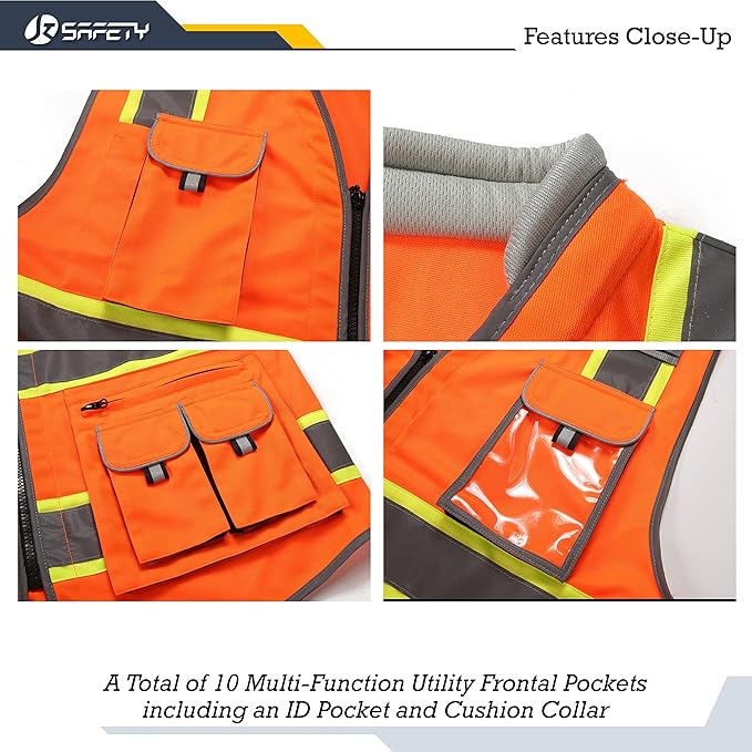 JKSafety 10 Pockets Class 2 Hi-Vis Zipper Front Safety Vest | Cushioned Collar | High Reflective Tapes with Extended Neon Yellow Strips | Meets ANSI/ISEA Standards (X-Large, 89-Orange)