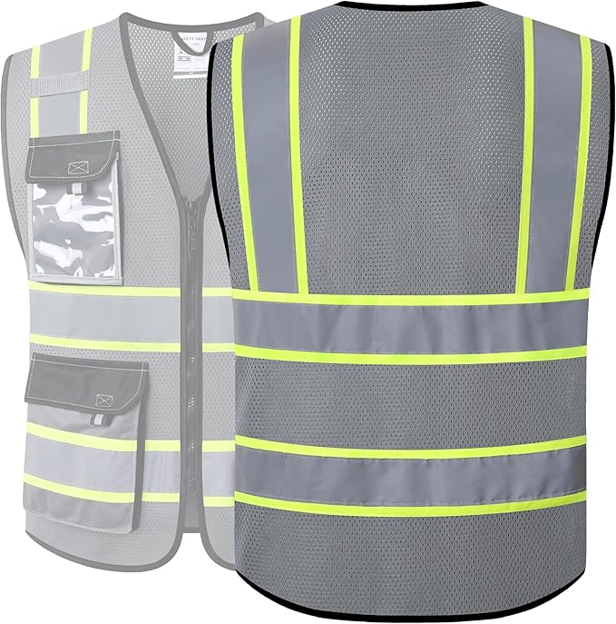 JKSafety Hi Vis Reflective Safety Vests for Men Women High Visibility Vest with Pockets Mesh Fabric Construction Safety Apparel Neon Vest for Work (220-Grey L)