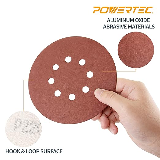 POWERTEC 45108 A/O Hook and Loop 8 Hole Disc, 6-Inch, 80 Grit, 25 PK
