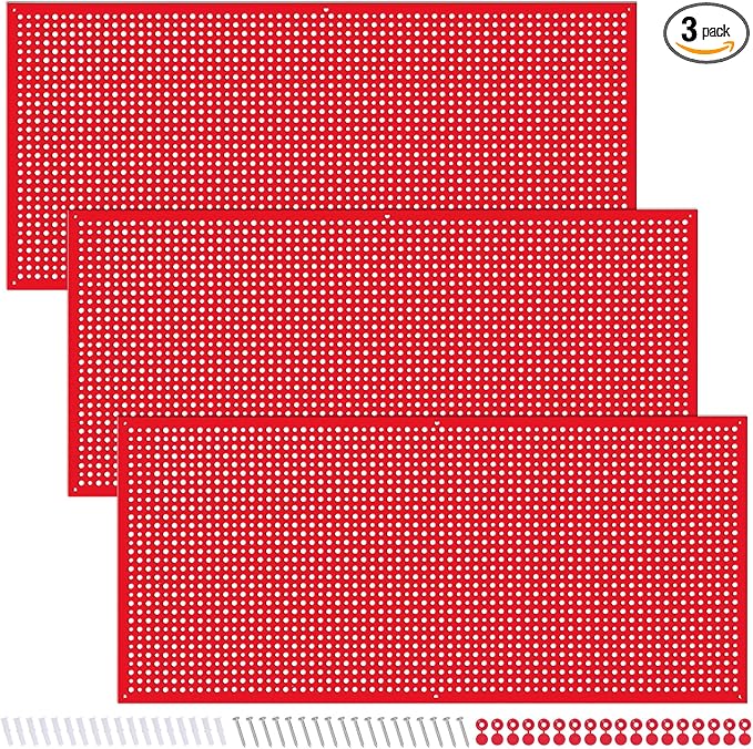 Pegboard Rack Garage Storage Steel Horizontal PegBoard Pack,Steel Pegboard Heavy Duty- 3 Pack 16-Inch X 36-Inch Metal Peg Board Tool Organization Panels (Red)