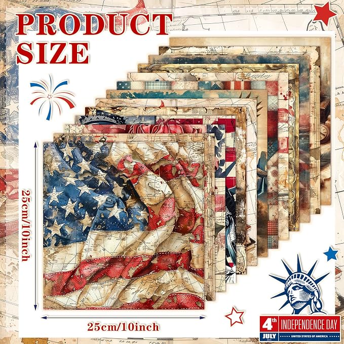 HunnmingRe 20 Pcs 10''x10'' Vintage Patriotic Quilting Fabric Square 4th of - Image 2