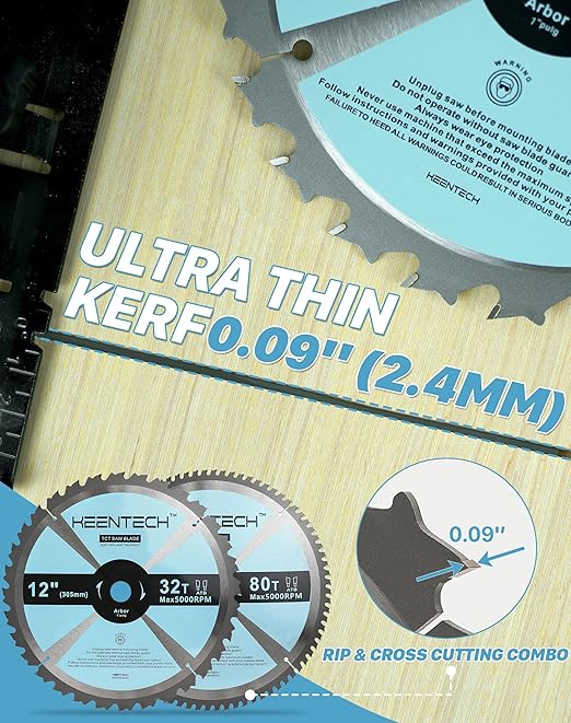 KEENTECH 12 Inch ATB Miter Saw Blade 32T and 80T Assortment for Wood Working, Compatible with 1 Inch Arbor Corded or Cordless Miter Saws (2-Pack)