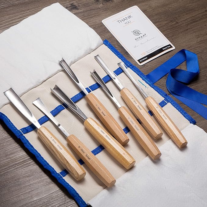 High-Quality Wood Carving Tools Set of 7 Chisels and Gouges with Canvas Case, Razor Sharp CR-V 60 Steel Woodworking Tools, Perfect Wood Carving Chisel Set for Beginners and Professionals from Schaaf