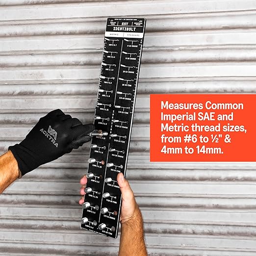 SST - Original Identibolt - Precise Threadchecker and Wall Mount - Imperial SAE and Metric Threads - 28 Nuts & Bolts Identifier - from #6 to ½ & 4mm to 14mm - in. and Cm. Rulers - Made in USA